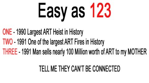 "Easy as 123," listing three art crimes: the 1990 Gardner Heist, the 1991 London fire, and the mysterious sale of art to a mother.