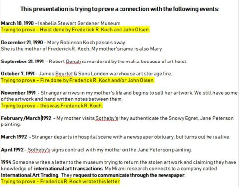 The Timeline - Uncover art crimes orchestrated by billionaire Frederick R. Koch, including the $1B Isabella Stewart Gardner Museum art heist.